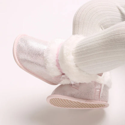 Suefunskry Newborn Baby Girl Winter Warm Plush Boots Shiny Flats with Cute Bows Casual Walking Shoes for Toddler Infant
