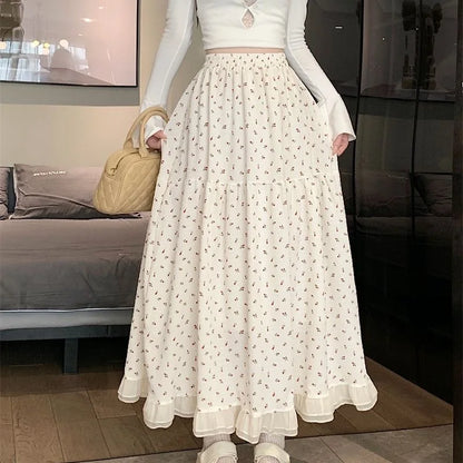 Summer White Floral Long Skirt Womens Y2k Clothes Fashion Elastic High Waist Casual Elegant Spliced Gauze Skirts for Women 2025