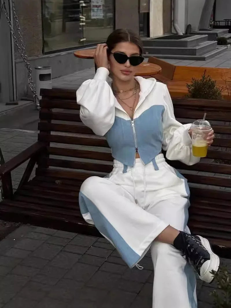 Casual Contrast Hoodies Pants Sets Women Slim Zipper Short Hooded Coats Lace Up Wide Leg Pant 2025 Autumn Lady Fashion Tracksuit