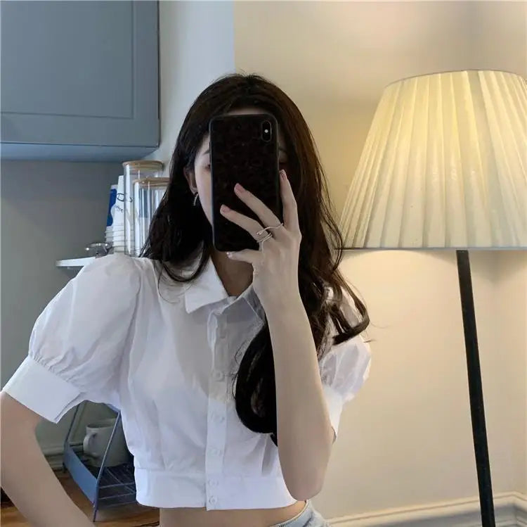 Korean Fashion Women's Shirt Summer Elegant Youth Blouses Clothes Preppy Puff Sleeve White Shirts Cropped Cute Top 2025
