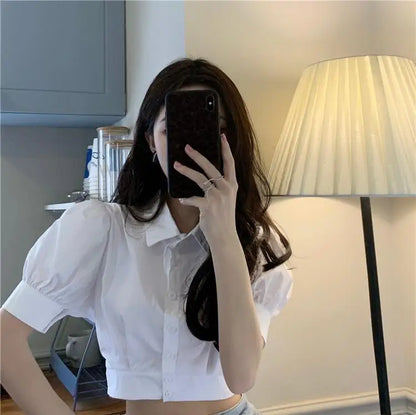 Korean Fashion Women's Shirt Summer Elegant Youth Blouses Clothes Preppy Puff Sleeve White Shirts Cropped Cute Top 2025
