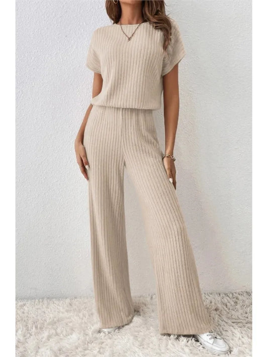 Women Spring Autumn New Collection Solid Color Fine Pit Strip Fashion Shoulder Short Sleeve Knitted Set Top Pants Two Piece Set