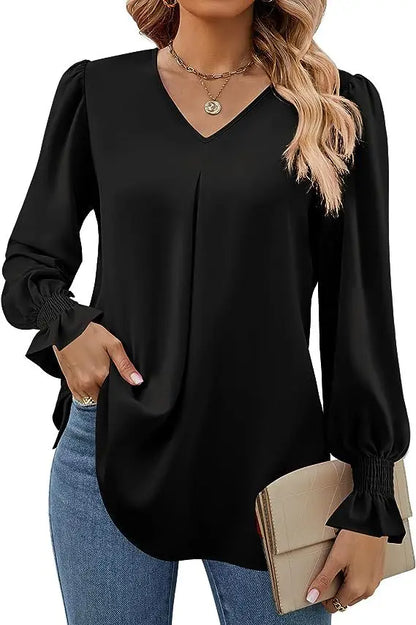 Women's New Solid Color Chiffon Shirt V-neck Pullover Flared Long Sleeved Top Shirt Office Lady Elegant Khaki Loose Blouse