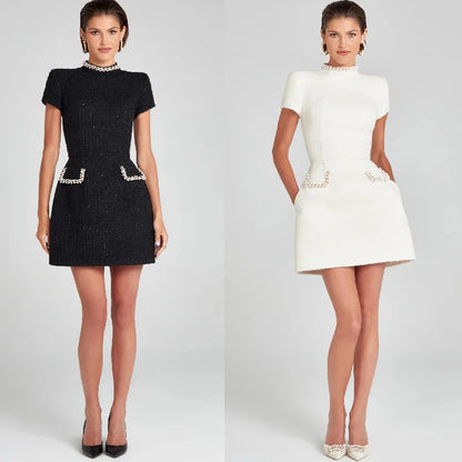 Tosssy Shiny Elegant Female MIni Dress Pocket Short Sleeve Patchwork Fashion Slim Party Dress Gown Women's Glitter Vntage Dress