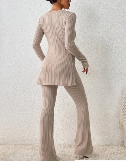 Autumn Winter Women's Clothing New Style Solid Color Sexy Casual Long Sleeved Round Neck Slit Fashion Temperament Two-piece Set