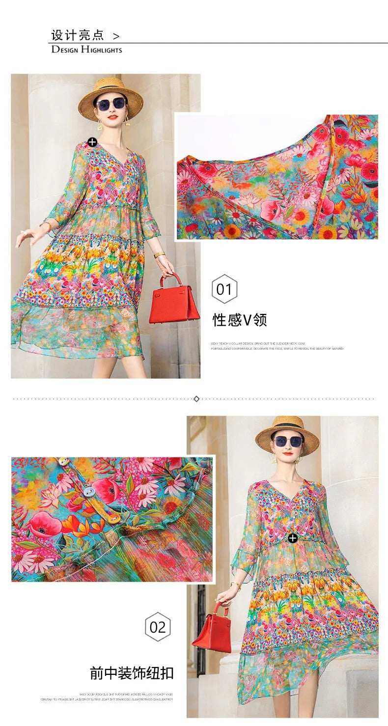 High Quality Summer 2025 Beach Boho Vintage Print Chiffon V Neck Dress Elegant Party Robe Designer Vespids Loose Midi Dress