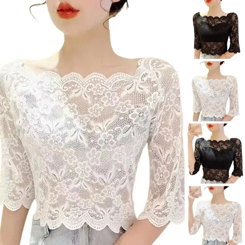 Women Lace Tops Summer Cropped Tops One-word Collar Half Sleeve Blouse Floral Plaid Sheer Sexy Top Embroidery Lace Pullover Tops