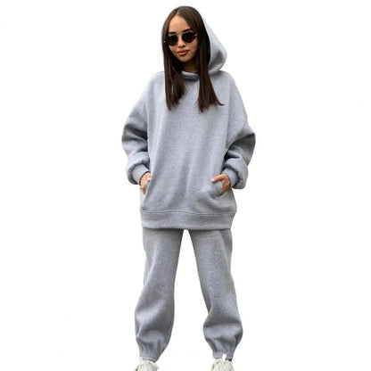2 Pcs/Set Chic Two Pieces Set Winter Hoodie Pants Set Solid Color Casual Deep Crotch Autumn Tracksuit Keep Warm