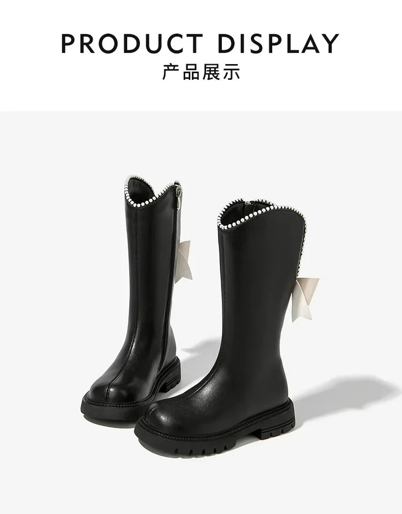 Long Boots for Girls and Children 2025 New Winter Long Leather Boots Princess Foreign Girls Plus Cashmere Shoes