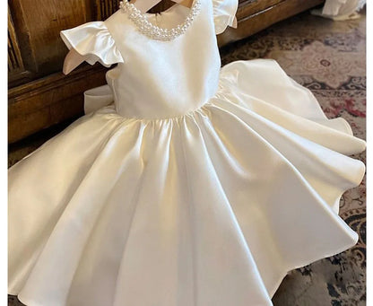 HETISO Baby Dresses for Wedding Pearl Necklace Girl Kid's Dress White Toddler Clothes Elegant Birthday Gown 1-8 Years
