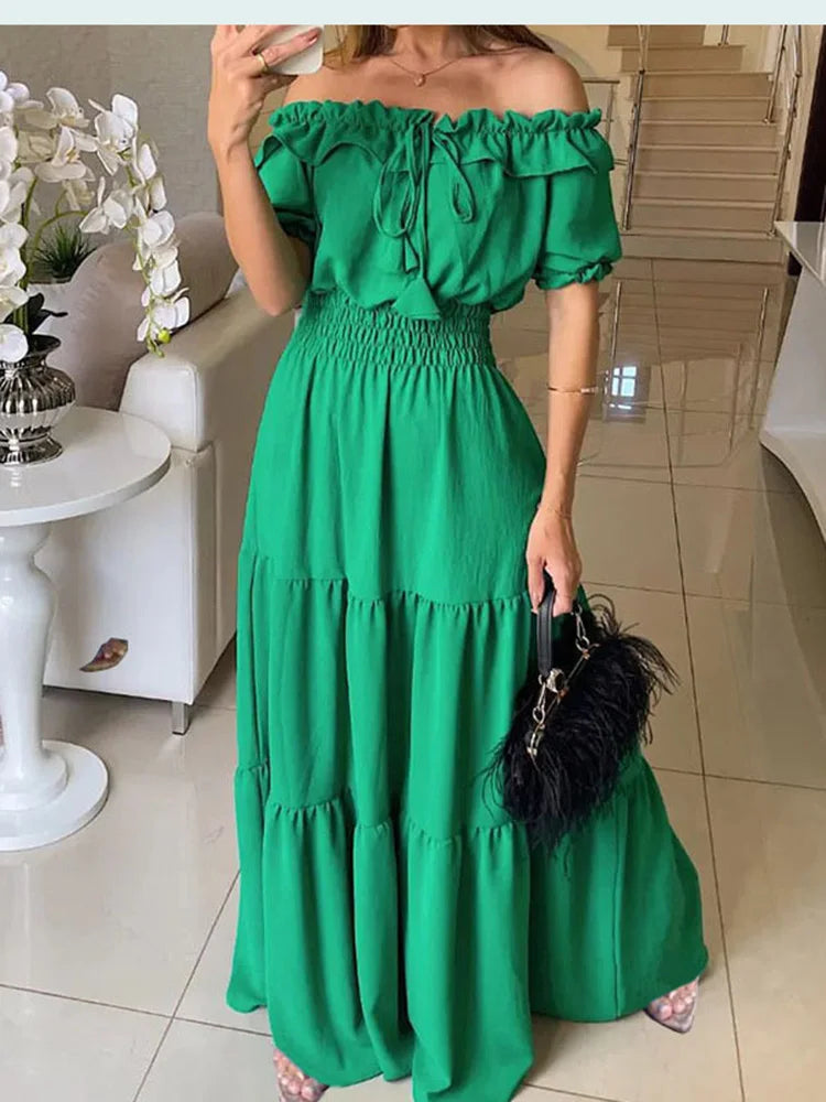 Summer Boho Red Dress Fashion Short Sleeve Beach Long Dress Casual Loose Elegant Holiday Party Dresses For Women Robe Femme 2025