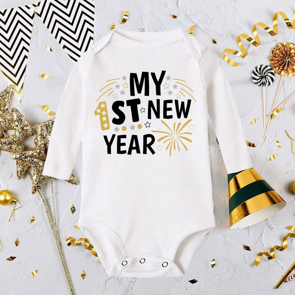 My First New Year Print Baby Romper Infant Long Sleeve Bodysuit Toddler Holiday Jumpsuit Boys Girls Clothes Newborn Shower Gifts