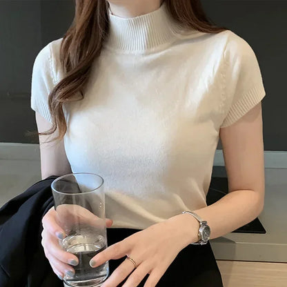 Fashion Woman Blouses 2025 Short Sleeve Summer Tops Blouse Women Turtleneck Knitted Blouse Shirt Women's Tops And Blouses