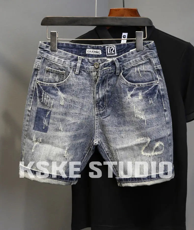 Korean Luxury Clothing Men's Summer Denim Knee Length Shorts 2025 Fashion Designer Ripped Hole Cowboy Korean Slim Short Pants