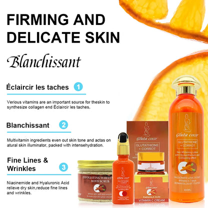 Glut Master GLUTATHIONE+CORROT Skincare Set Lightening Moisturizing Exfoliating Smooth Speedy Glowing skin for Dark Skin Women