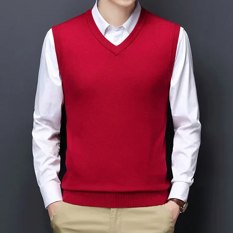 New Men's Autumn High-end Sweater Vest V-neck Warm Knit Sleeveless Men's Clothes Pullover Tops