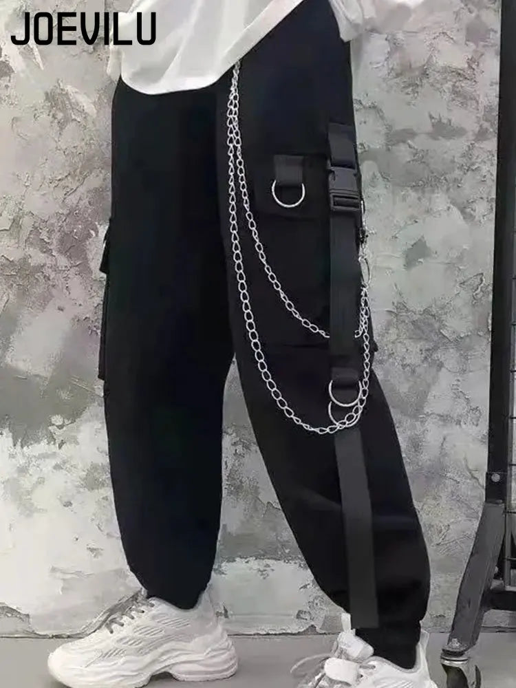 2PCS Women's Streetwear Outfits Loose Long Sleeve Shirt Ribbon Chain Cargo Pants 2 Piece Sets Korean Casual Unisex Couple Suit