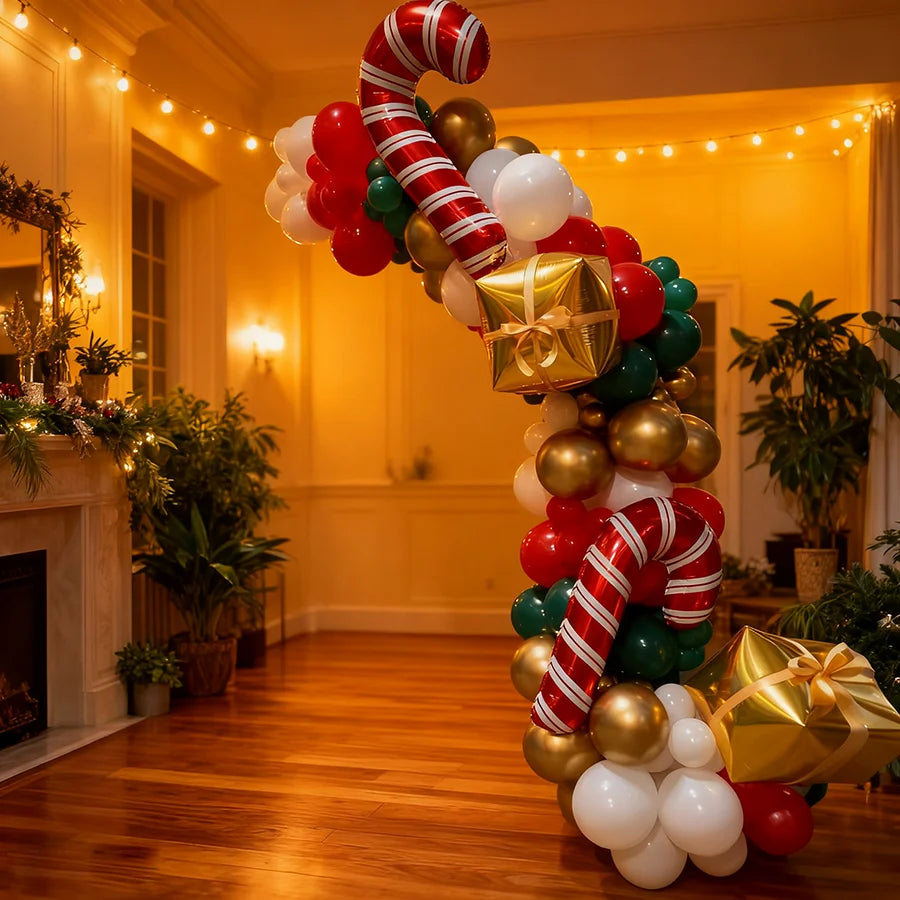 93 red, green,，gold, and white Christmas decoration wreaths, including candy cane gift boxes, suitable for Christmas party decor