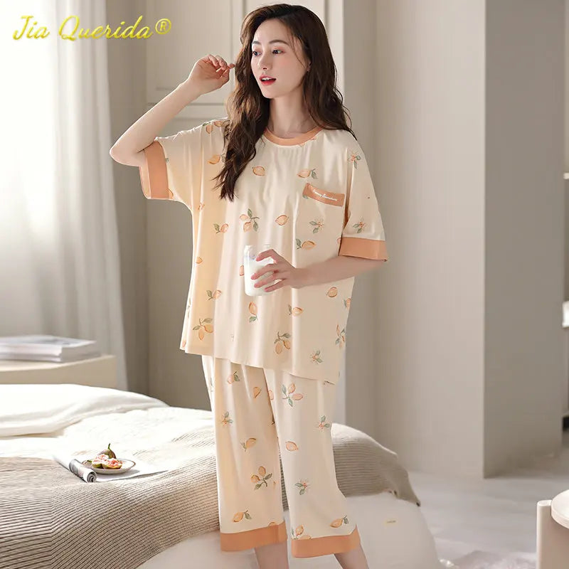 SUKAE M-5XL Cool Modal Woman's Pajamas Summer Plus Size Calf-length Pijamas Casual Knee-length Home suits Women's Capris Sleepwear
