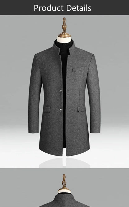 Men's Autumn Winter Long Woolen Coats Men's Business Office Casual Slim Solid Wool Windbreaker Thicken Warm Trench Jacket