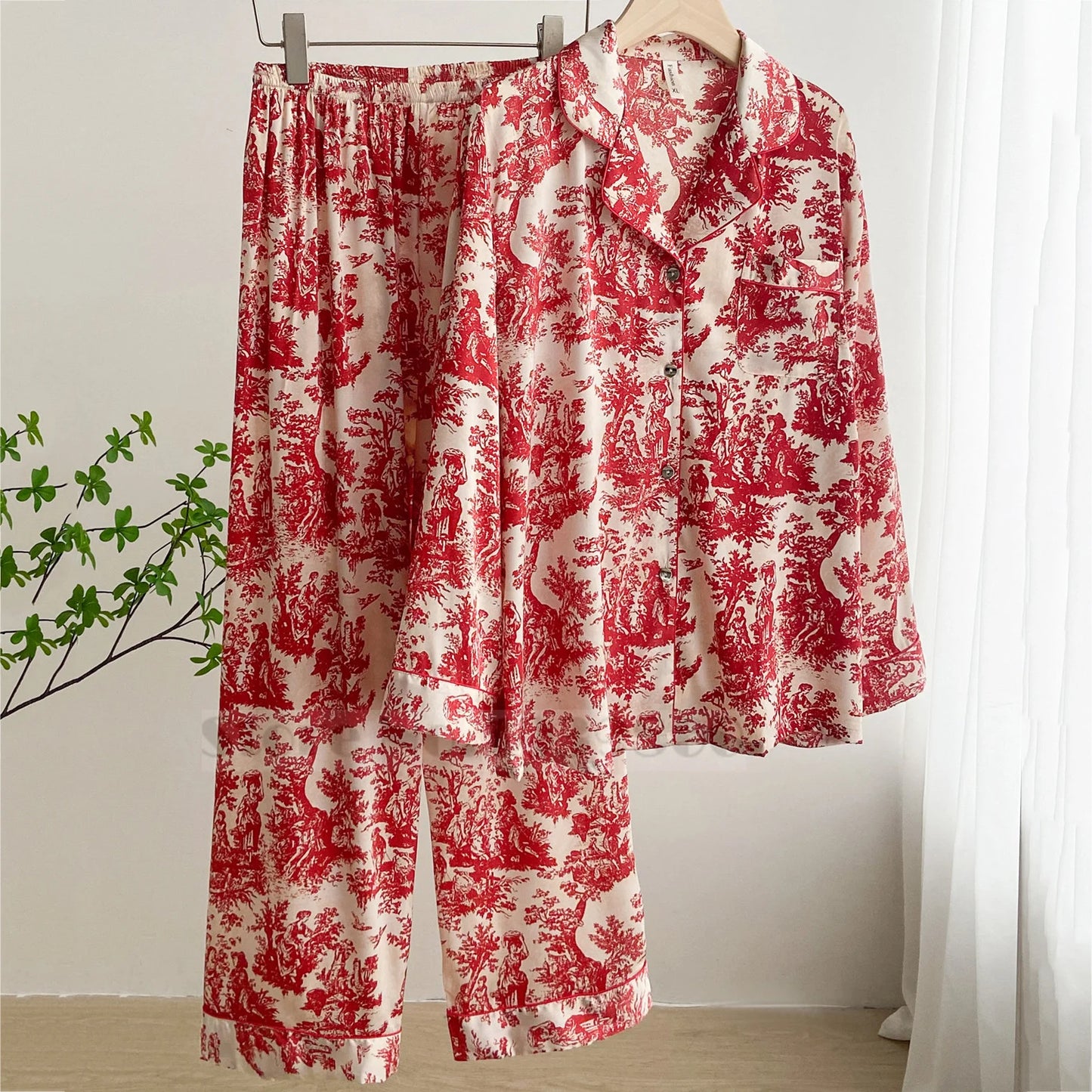 Fashion Print Flower 2PCS Pajamas Set Women Sleepwear Spring Summer Trouser Suits Lounge Wear Loose Satin Home wear Pajamas Suit