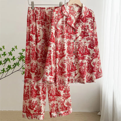 Fashion Print Flower 2PCS Pajamas Set Women Sleepwear Spring Summer Trouser Suits Lounge Wear Loose Satin Home wear Pajamas Suit