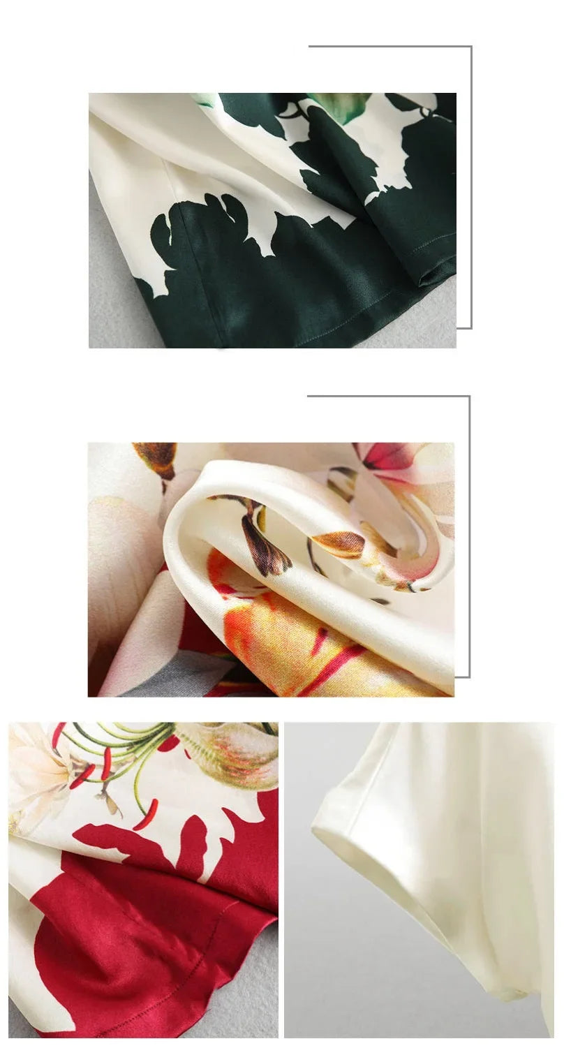 Plus Size Women Silk Satin Blouses Spring Summer Floral Printing Blouse Female Fashion Shirt Tops