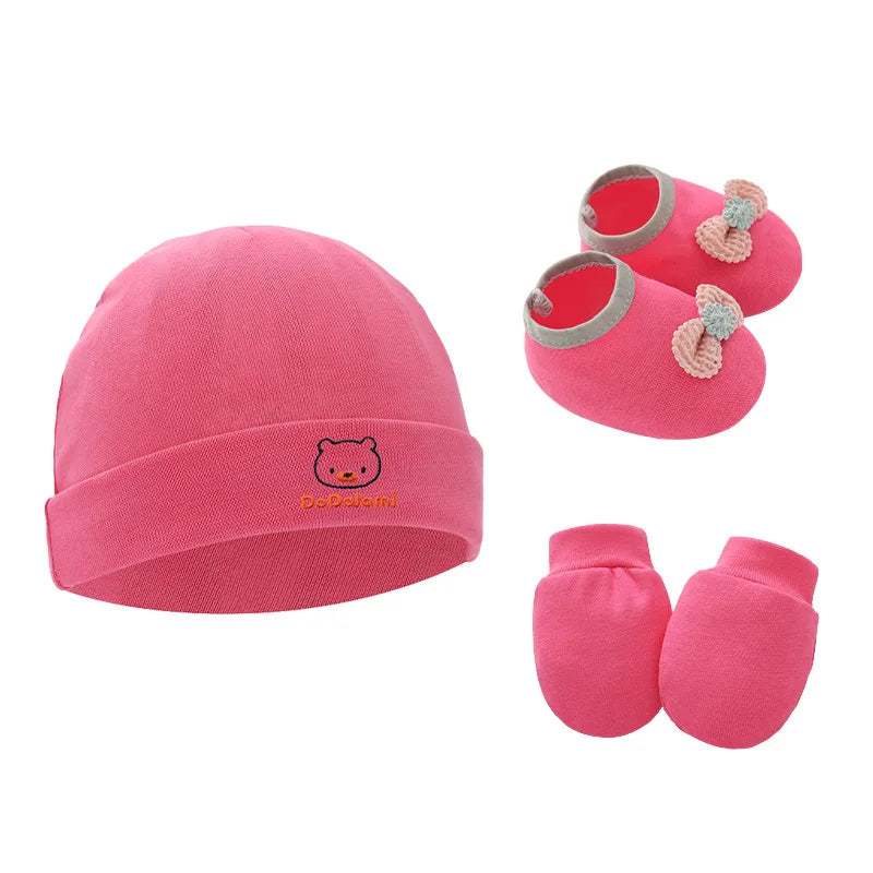 New Newborn Baby Cotton Beanies Hospital Hat Mittens Shoes Sets Solid Stretchy Infant Warm Cap Gloves 0-1 Years Old