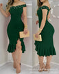 Women's Dresses 2025  Summer Fashion Beaded Off Shoulder Ruffles Slit Hem Elegant Plain Short Sleeve Skinny Midi Party Dress