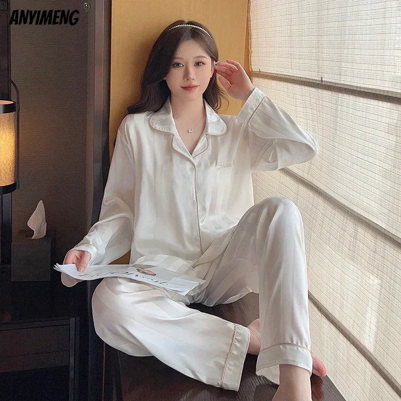 Women Casual Luxury Pajamas Thin Pajamas Female Sleepwear New Elegant Ladies Faux Silk Polyester Dots Pajama Sets Sexy Home wear