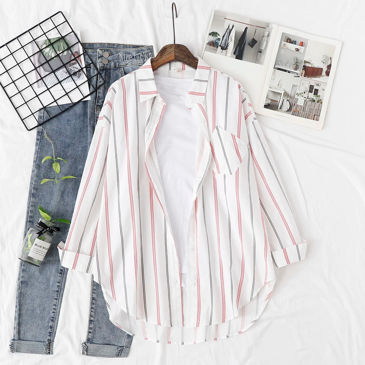 Loose Casual Striped Shirts Women 2025 New Ladies Sweet Simple Style Long Sleeve Print Shirt Female Blouse and Tops Lady Clothes