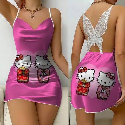 Mini Dress Pajama Skirt Hello Kitty Sexy Dresses Off Shoulder Bow Knot Satin Surface Women's Fashion Summer 2024 Short Party Lace