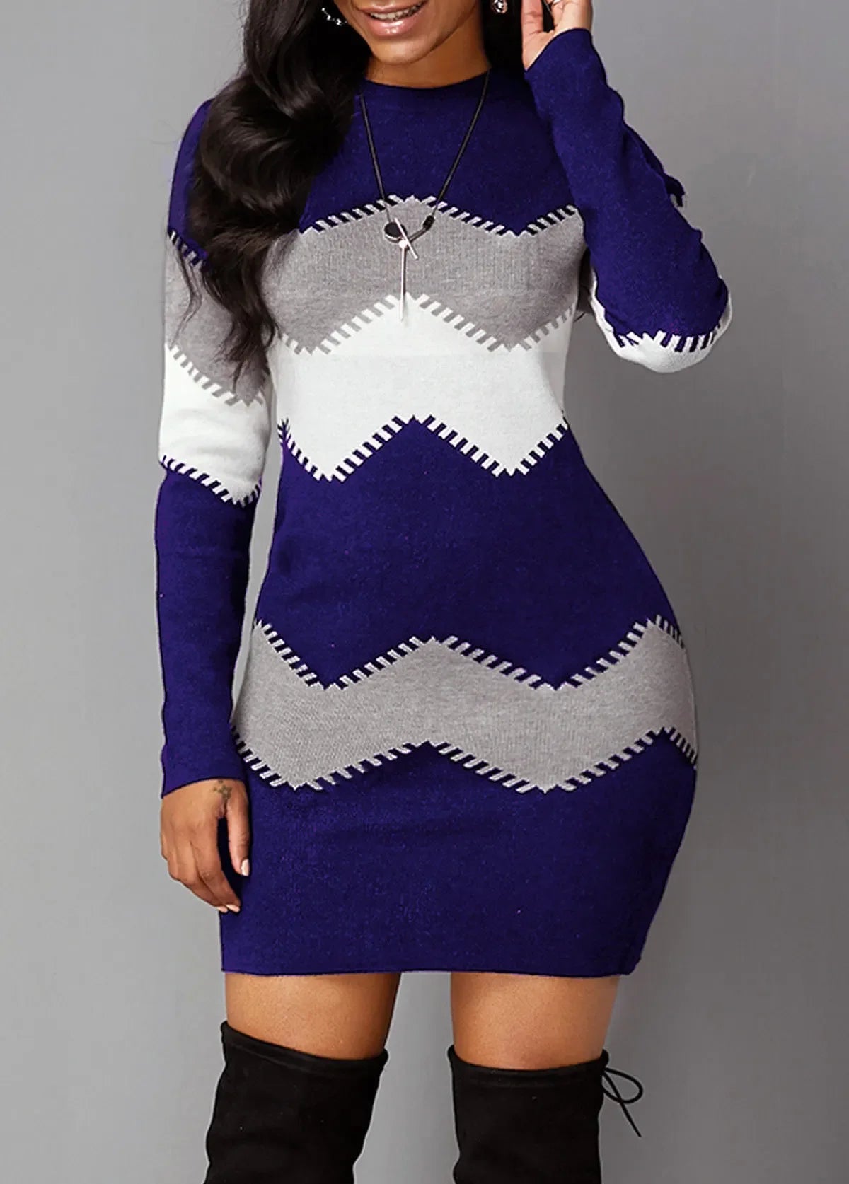 2025 New European and American Women's Dress Medium length Short Skirt Round Neck Long Sleeve Knit Wrap Bottom Dress Women