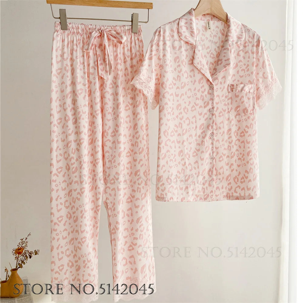 Fashion Print Flower 2PCS Pajamas Set Women Sleepwear Spring Summer Trouser Suits Lounge Wear Loose Satin Home wear Pajamas Suit