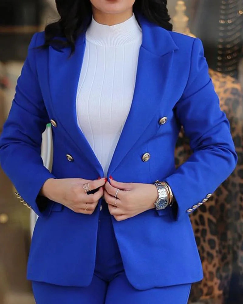 2pcs Women Office Clothing Set Long Sleeve Blazer Jacket & High Waist Pencil Pants Solid Color
