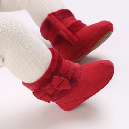 Cute Bowknot Comfortable Boots For Baby Girls Soft Warm Plus Fleece Boots For Indoor Walking Autumn And Winter