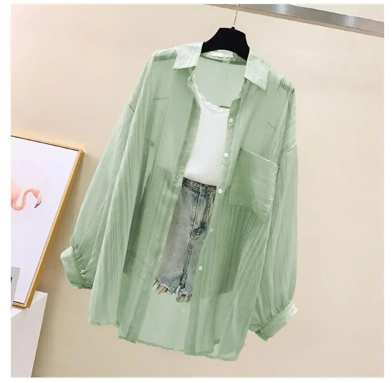 Shirts Women Sheer Thin Chic Summer Simple Solid Sun-proof Temper Fashion Baggy All-match Basic Korean Style Clothes