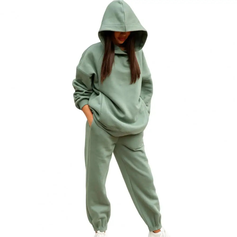 2 Pcs/Set Chic Two Pieces Set Winter Hoodie Pants Set Solid Color Casual Deep Crotch Autumn Tracksuit Keep Warm