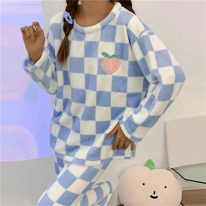Autumn Winter Kawaii Cartoon Pajama Sets Women Pajamas Plaid Flannel Long Sleepwear Girl Pajama Night Suits Home wear PJ Suit