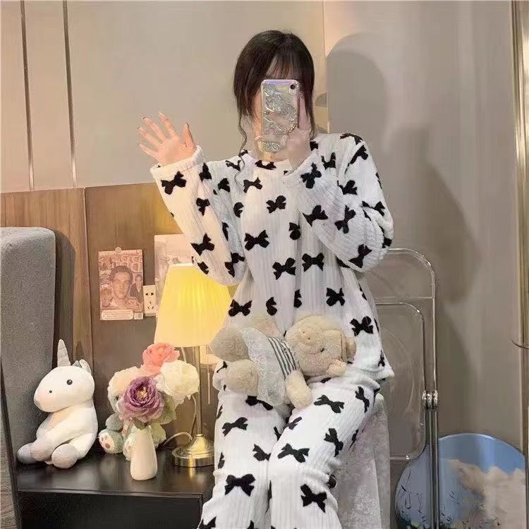 2025 Autumn Winter Warm Flannel Women Pijamas Sets Thick Coral Velvet Long Sleeve Cartoon Sleepwear Thin Flannel Pajamas Set