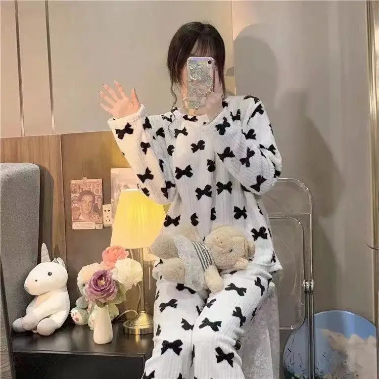 2025 Autumn Winter Warm Flannel Women Pijamas Sets Thick Coral Velvet Long Sleeve Cartoon Sleepwear Thin Flannel Pajamas Set