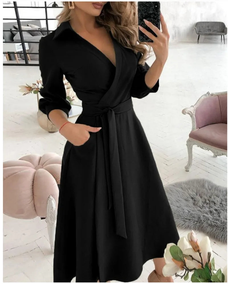 Office Women Casual Sashes A-Line Wrap Summer Dress 2025 Print Long Sleeve V-Neck Dress Pocket Elegant Midi Party Dress Vestidos