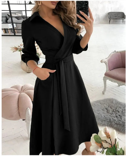 Office Women Casual Sashes A-Line Wrap Summer Dress 2025 Print Long Sleeve V-Neck Dress Pocket Elegant Midi Party Dress Vestidos