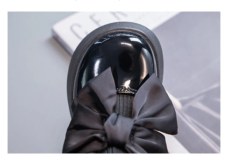 Children's Boots Fashion PU Solid Black Bow Girls Uniform 2025 Spring and Autumn New Kids Fashion Flying Knit School Socks Shoes