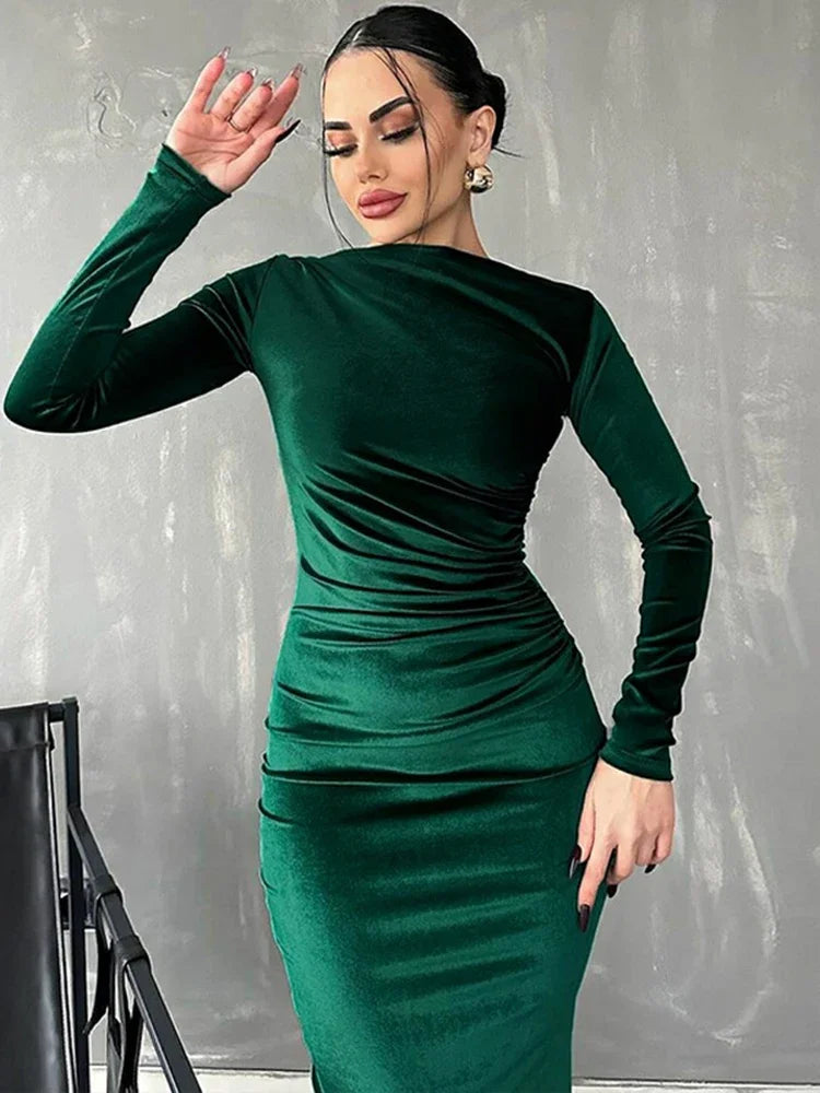 BWQ 2025 Spring Summer Velvet Long Sleeve Midi Dress For Women Ruched Long Dress Elegant Party Clothes Evening Green Outfits