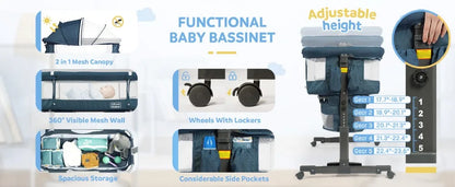 3 in 1 Baby Bassinet, Upgraded Beside Crib with 360° Highly Visible Mesh wall, Comfy Co-sleeper Bassinet with mattress, 5 Level