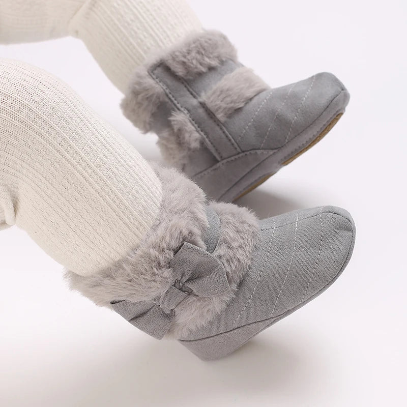 Cute Bowknot Comfortable Boots For Baby Girls Soft Warm Plus Fleece Boots For Indoor Walking Autumn And Winter