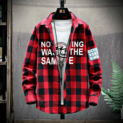 2025 Spring and Autumn Men's Lapel Loose Plaid Button Printed Pocket Casual Fashion Elegant Commuting Long sleeved Shirt