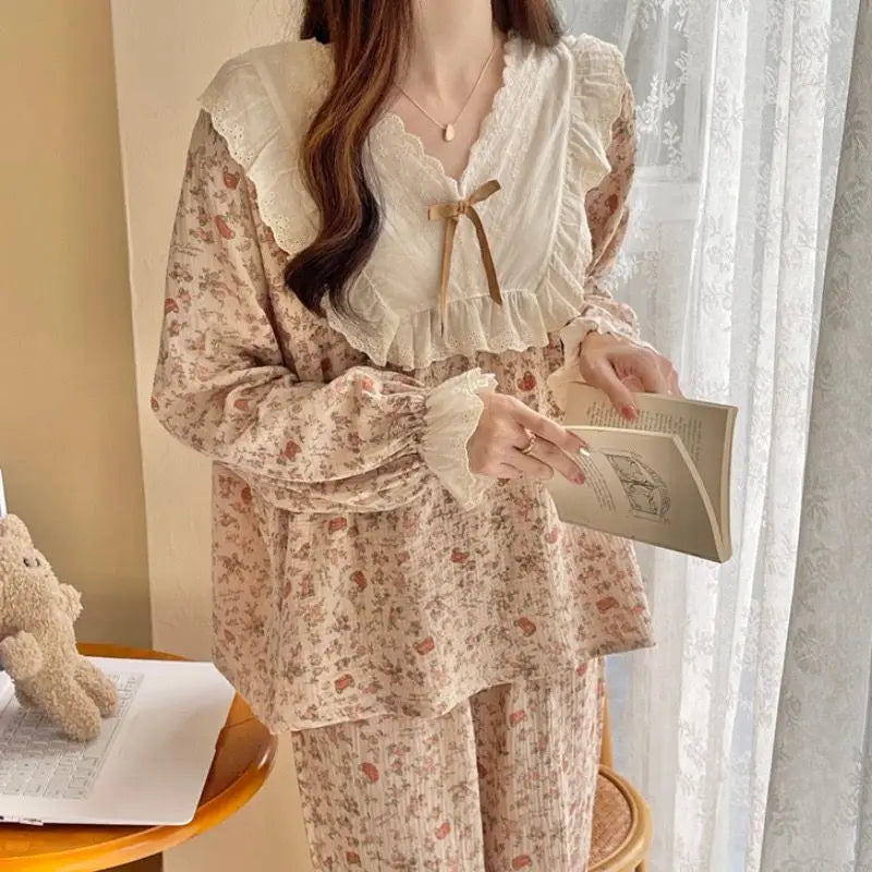 Pajama Sets Women Comfortable Daily Print Design Sweet Autumn Popular Attractive Ulzzang V-Neck Students Holiday Elegant Trendy