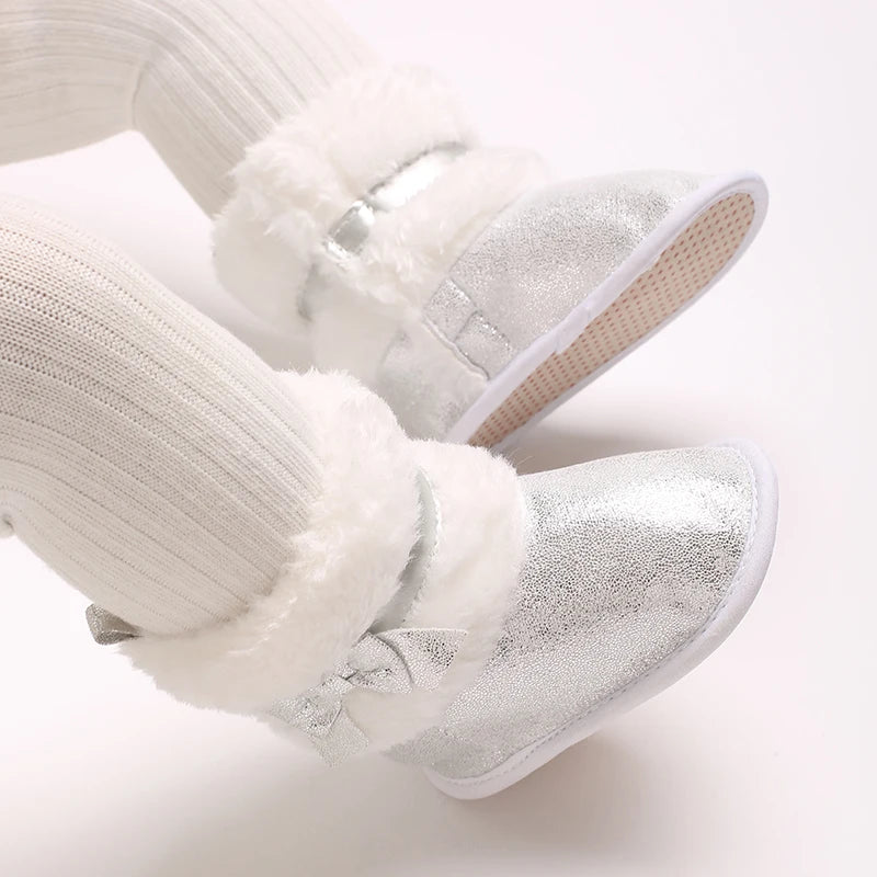 Suefunskry Newborn Baby Girl Winter Warm Plush Boots Shiny Flats with Cute Bows Casual Walking Shoes for Toddler Infant